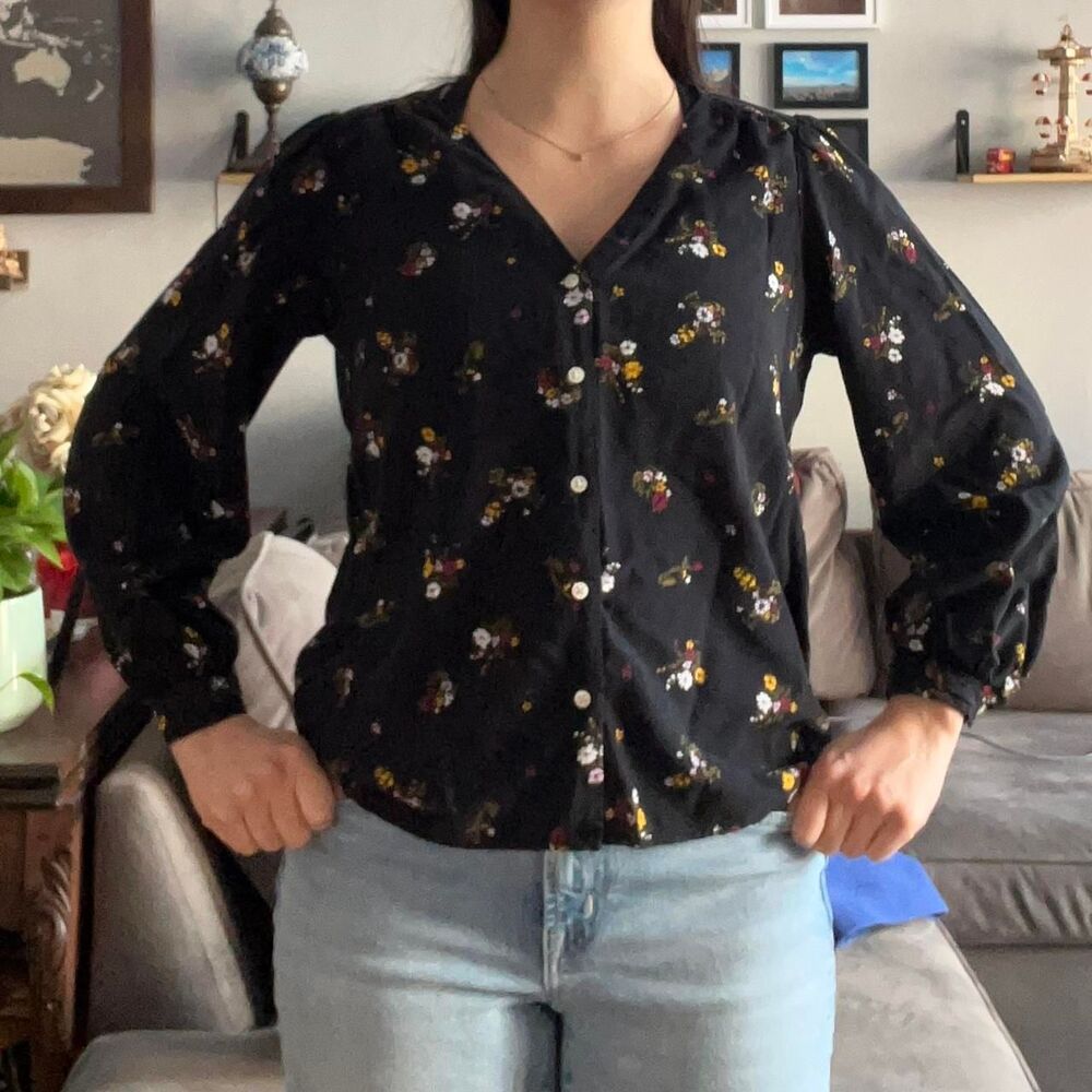 Black Floral Blouse Lightweight Long Sleeve Romantic Fairycore Workwear Sz S